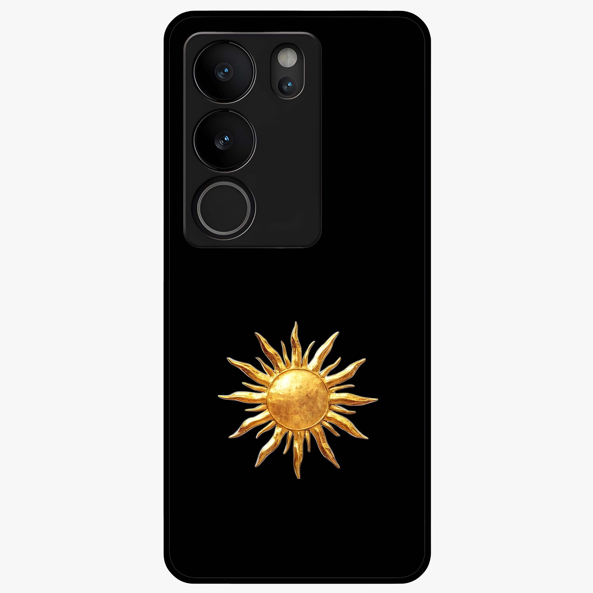 Golden Sun Minimalism Glass Case showing flat back view with minimal golden sun artwork and glossy glass finish.