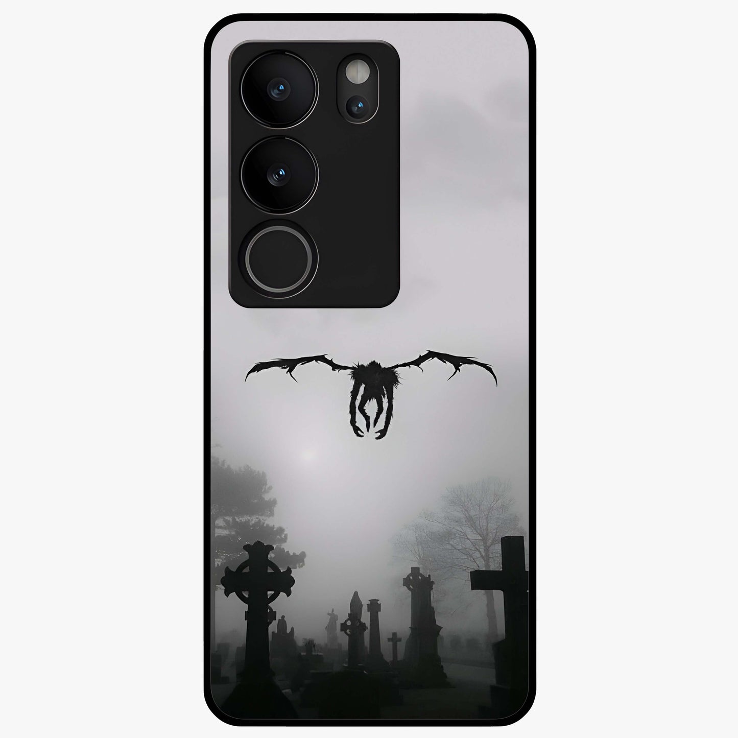 Graveyard Shadow Descent Glass Case showing flat back view with dark graveyard themed artwork and glossy glass finish.