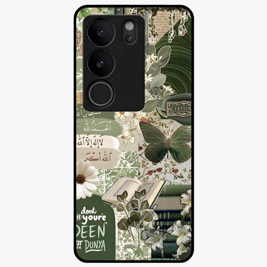 Green Islamic Books Quotes Glass Case showing flat back view with Islamic quotes and book themed artwork and glossy glass finish.