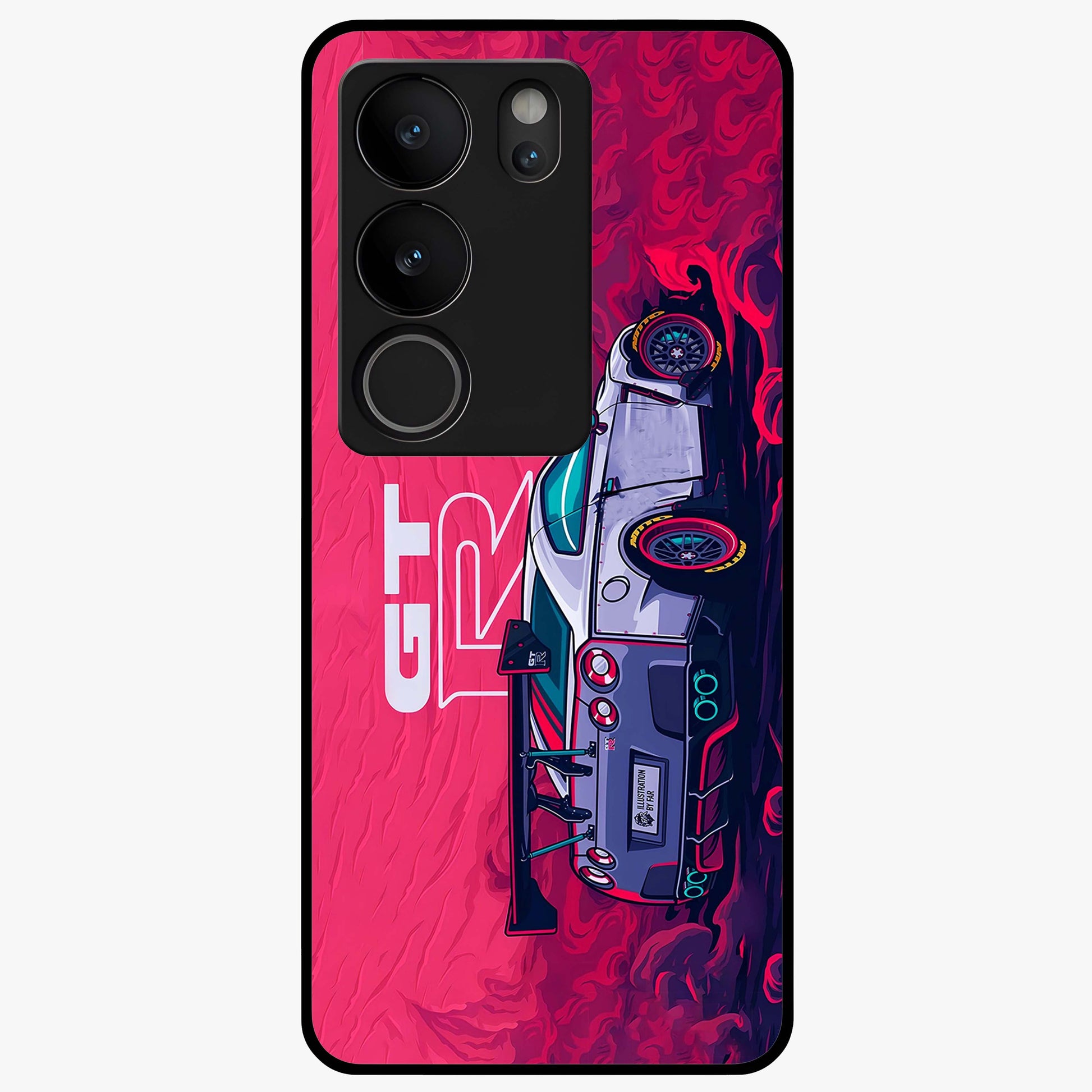GT-R Car Pattern Glass Case showing flat back view with sporty car inspired pattern artwork and glossy glass finish.