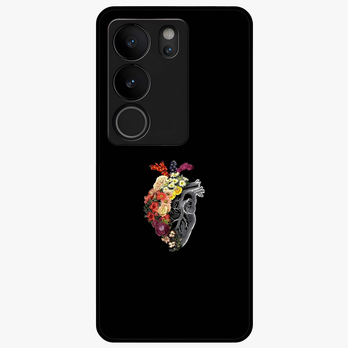 Heart With Flowers Glass Case showing flat back view with heart shaped floral artwork and glossy glass finish.