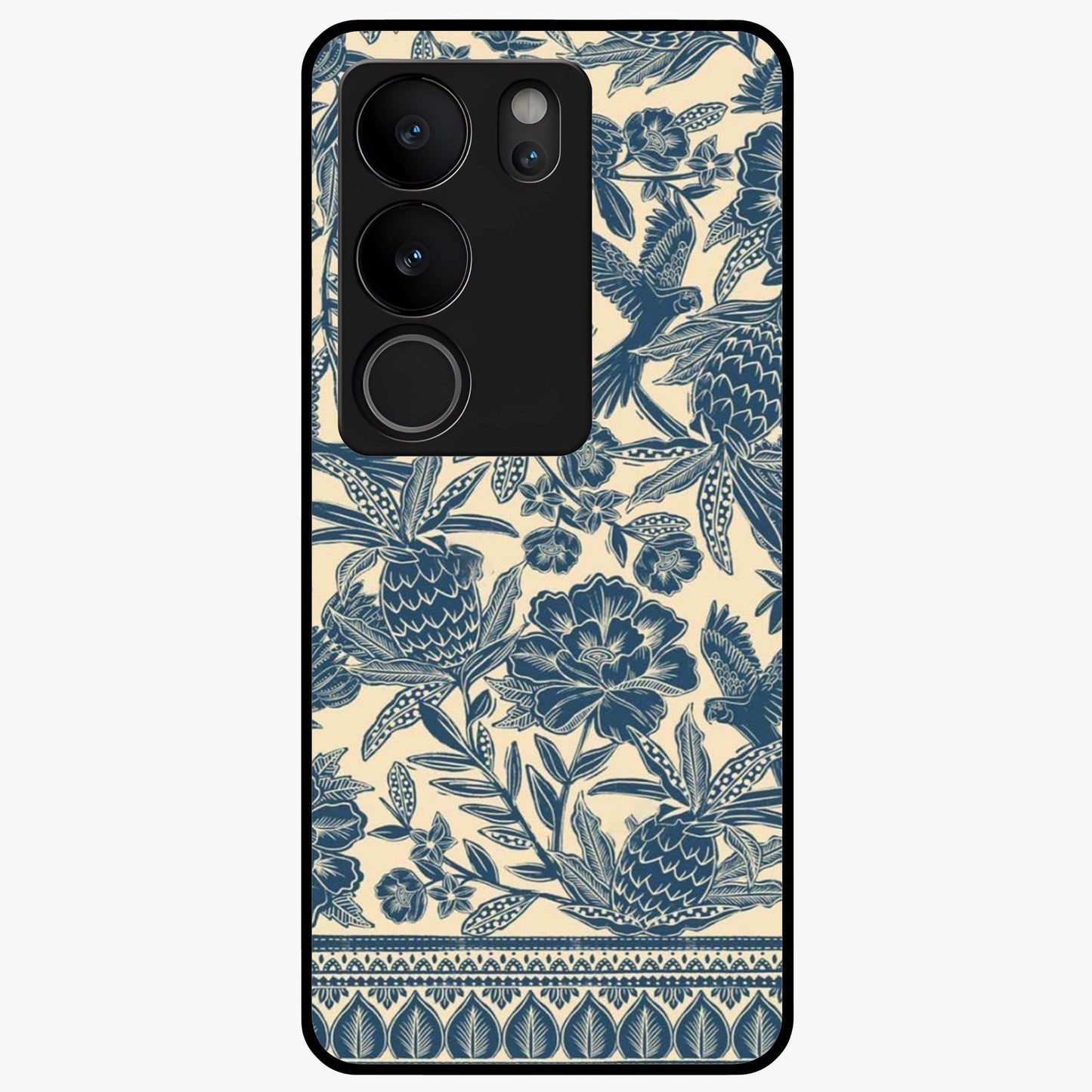 Heirloom Wild Bloom Glass Case showing flat back view with vintage inspired wild flower artwork and glossy glass finish.