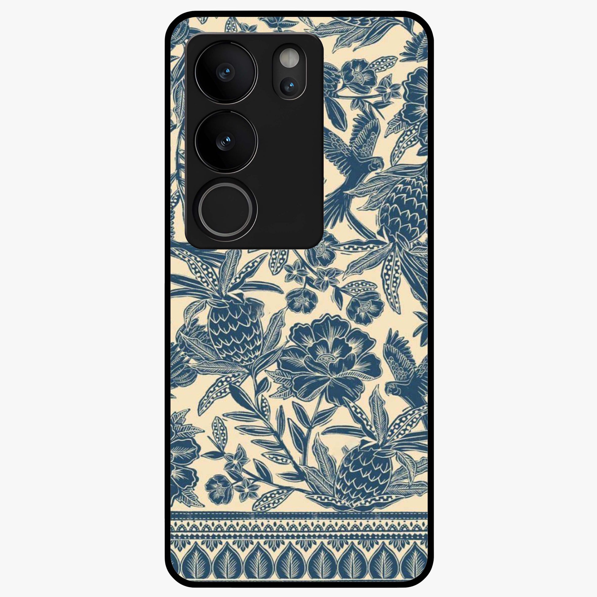 Heirloom Wild Bloom Glass Case showing flat back view with vintage inspired wild flower artwork and glossy glass finish.