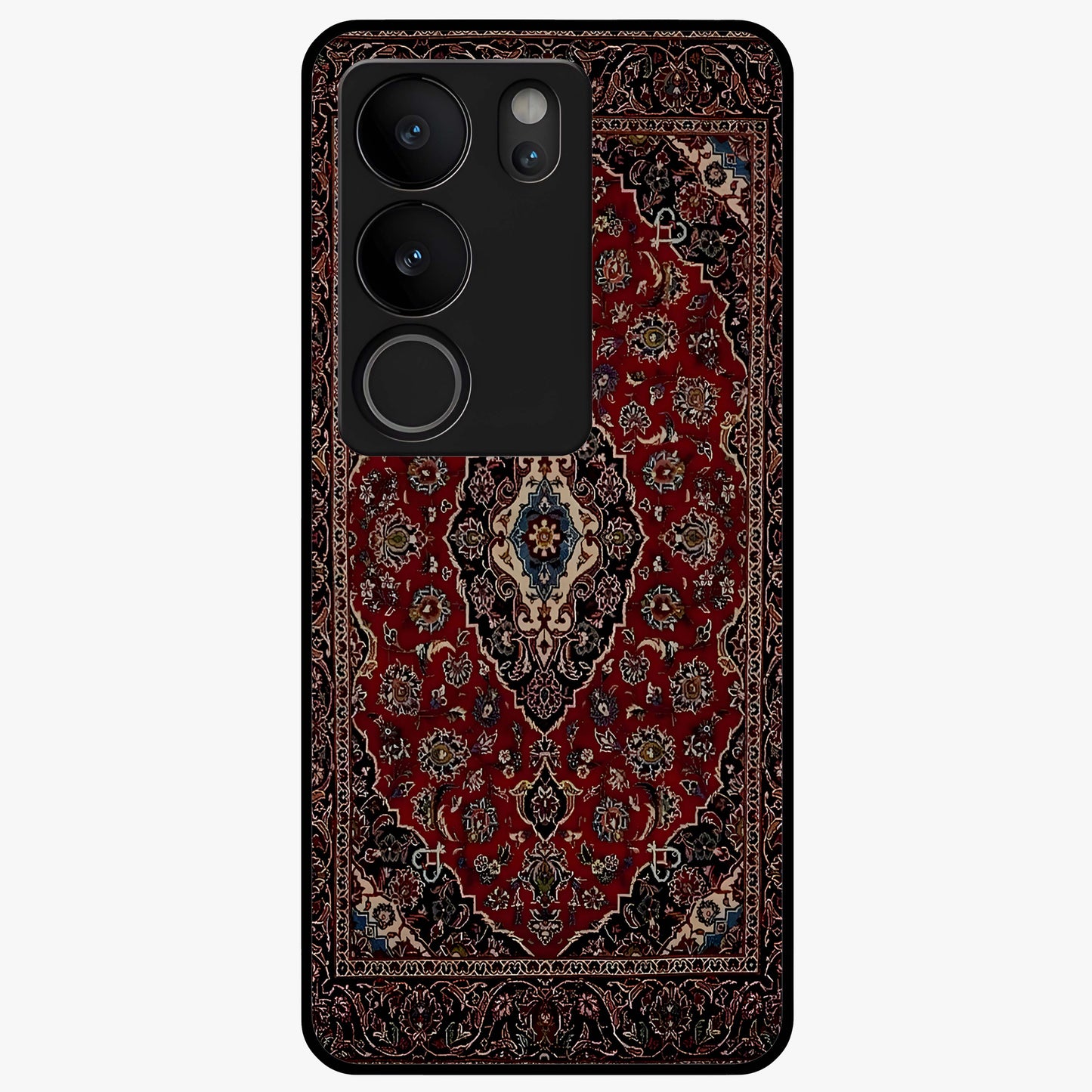 Heritage Carpet Royale Glass Case showing flat back view with ornate Persian carpet inspired pattern and glossy glass finish.