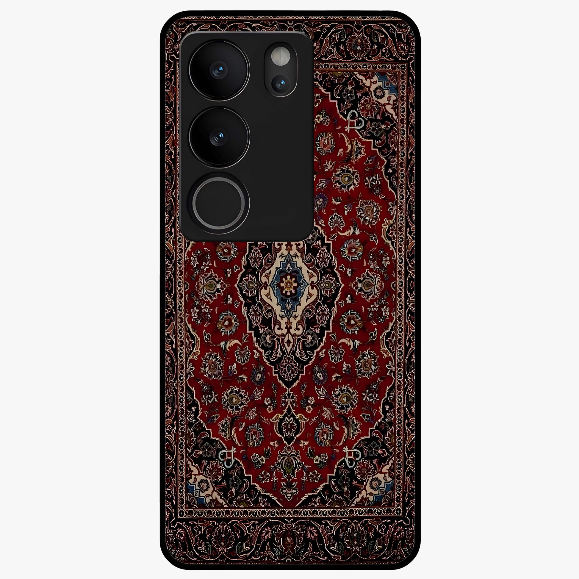 Heritage Carpet Royale Glass Case showing flat back view with ornate Persian carpet inspired pattern and glossy glass finish.