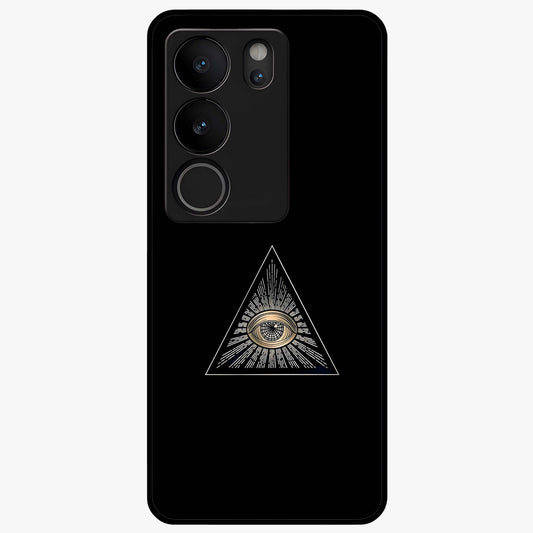 Illuminati Evil Glass Case showing flat back view with mysterious illuminati symbol artwork and glossy glass finish.
