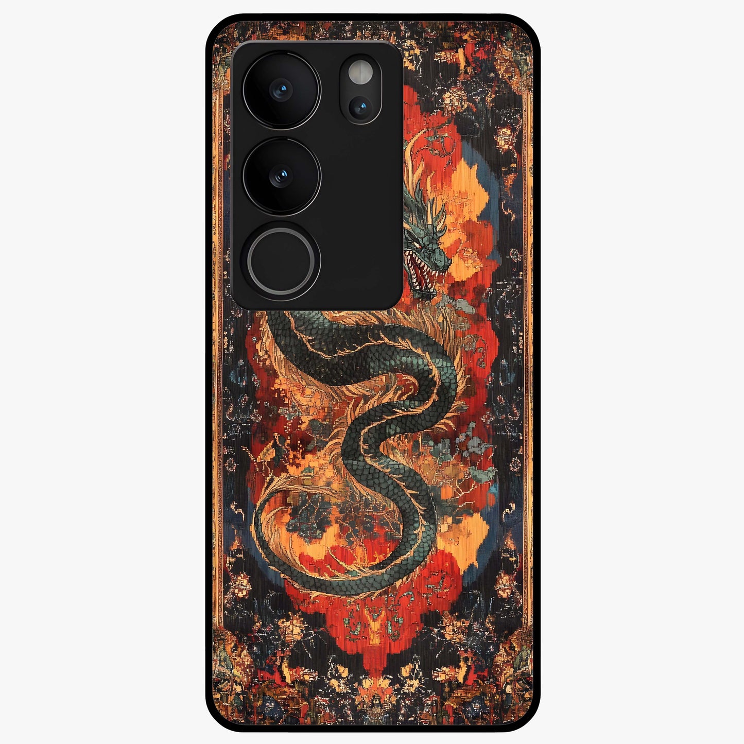 Inferno Dragon Soul Glass Case showing flat back view with fiery dragon artwork and glossy glass finish.