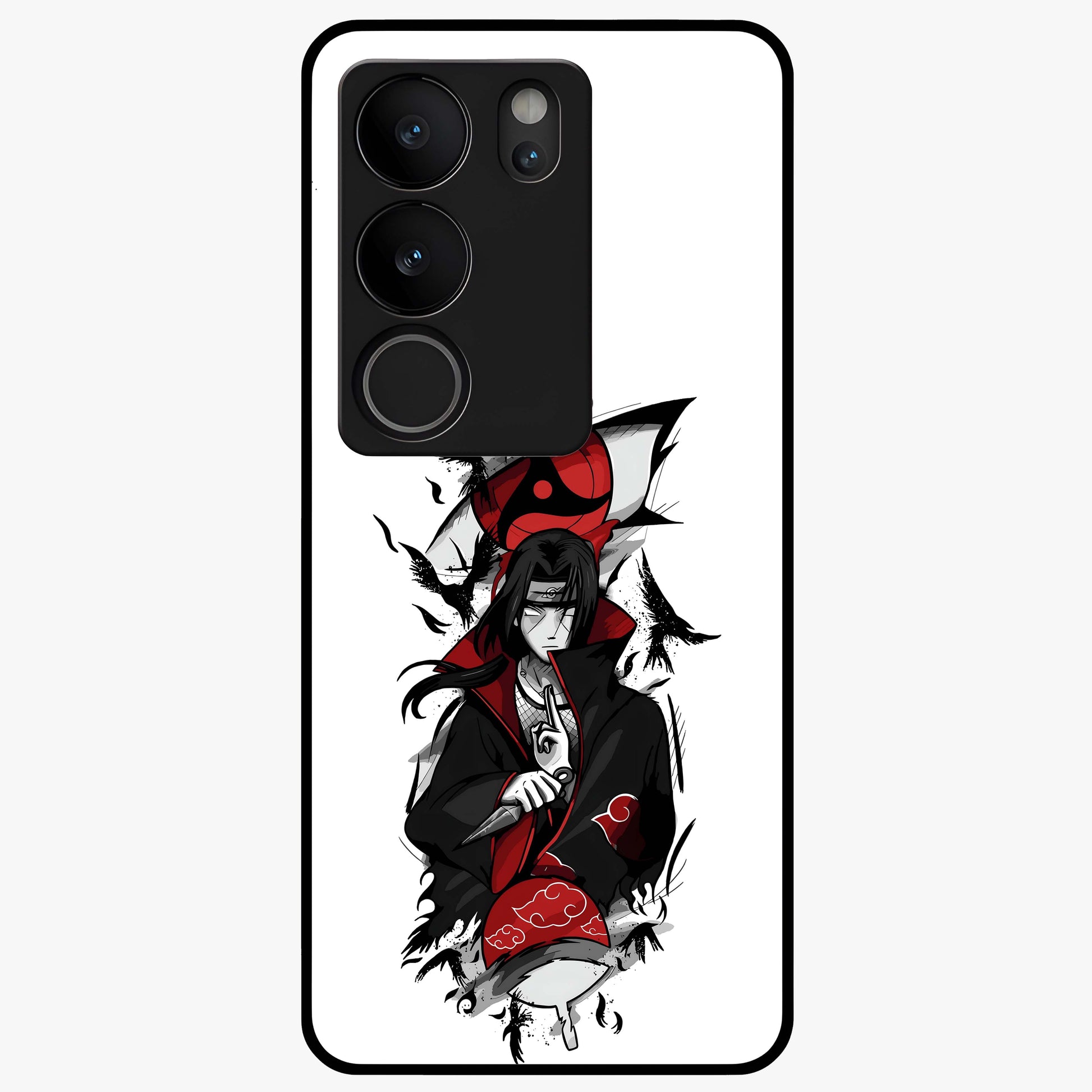 Itachi Sharingan Glass Case showing flat back view with powerful anime eye artwork and glossy glass finish.