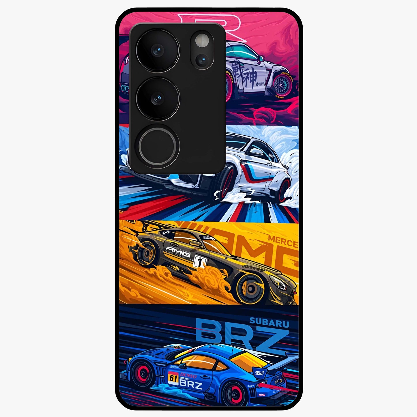 JDM Sports Car Glass Case showing flat back view with high performance sports car artwork and glossy glass finish.