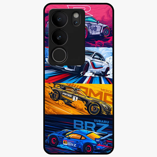 JDM Sports Car Glass Case showing flat back view with high performance sports car artwork and glossy glass finish.