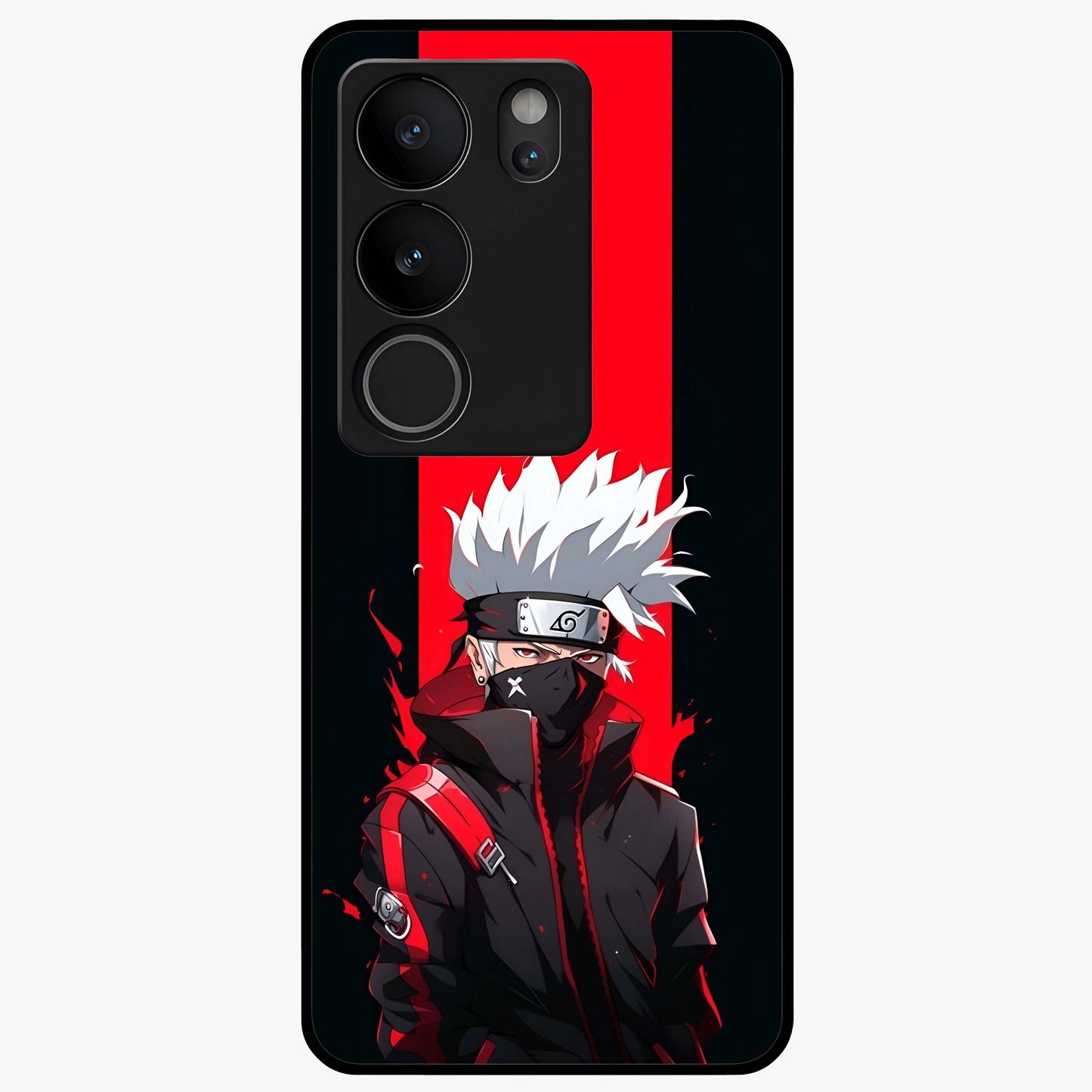 Kakashi Scarlet Shadow Glass Case showing flat back view with powerful anime ninja artwork and glossy glass finish.