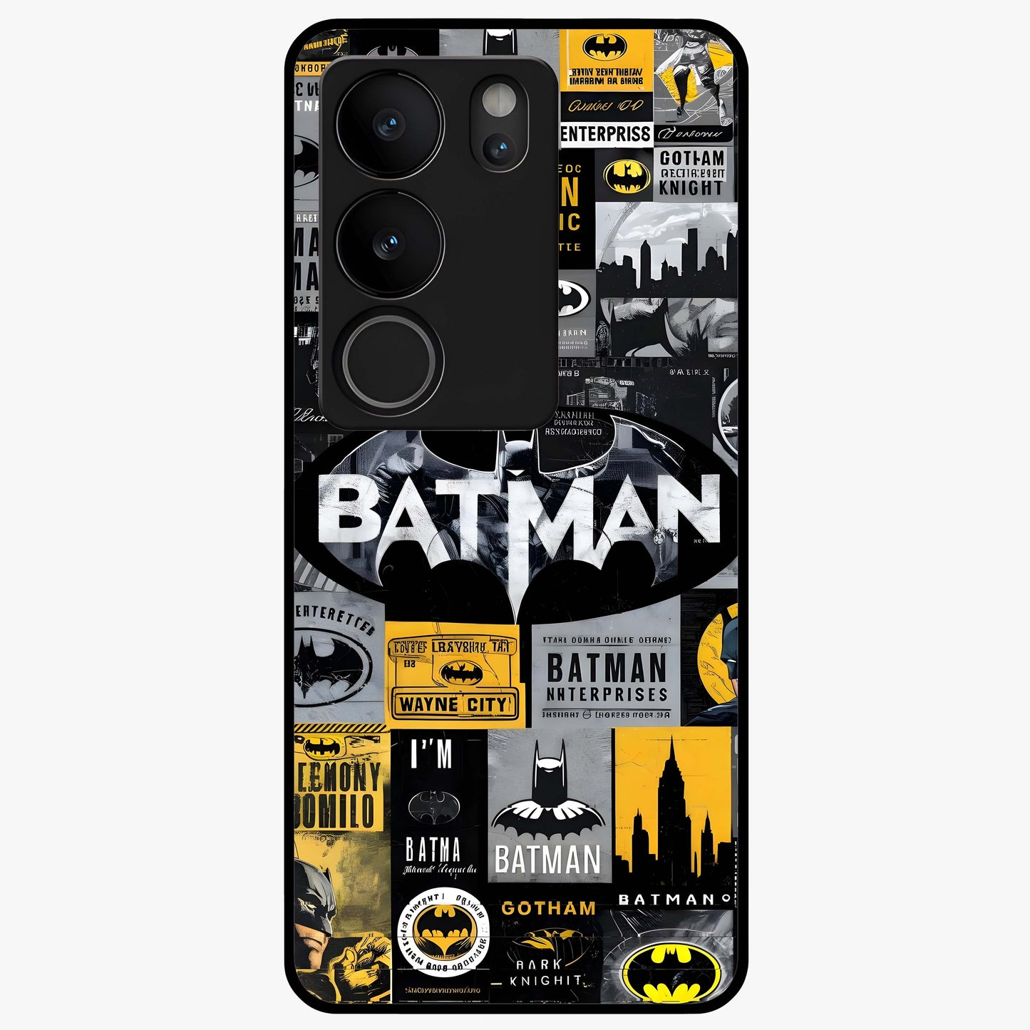 Knight Gotham Rise Glass Case showing flat back view with dark hero inspired artwork and glossy glass finish.