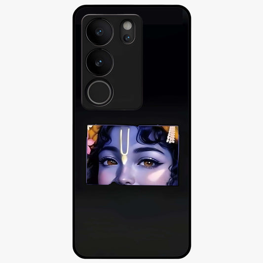 Krishna Divine Embrace Glass Case showing flat back view with Lord Krishna devotional artwork and glossy glass finish.