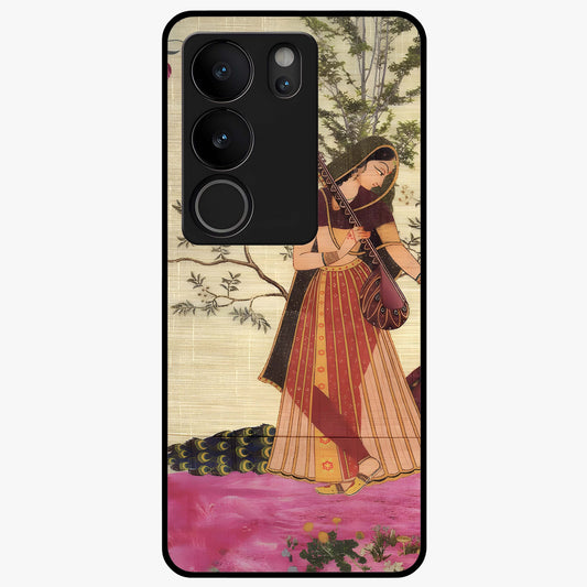 Lady With Veena Art Glass Case showing flat back view with elegant woman playing veena artwork and glossy glass finish.