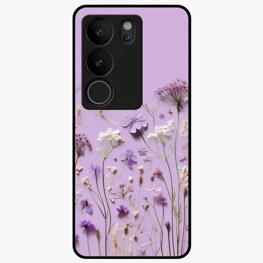 Lavender Blossom Dream Glass Case showing flat back view with soft lavender floral artwork and glossy glass finish.