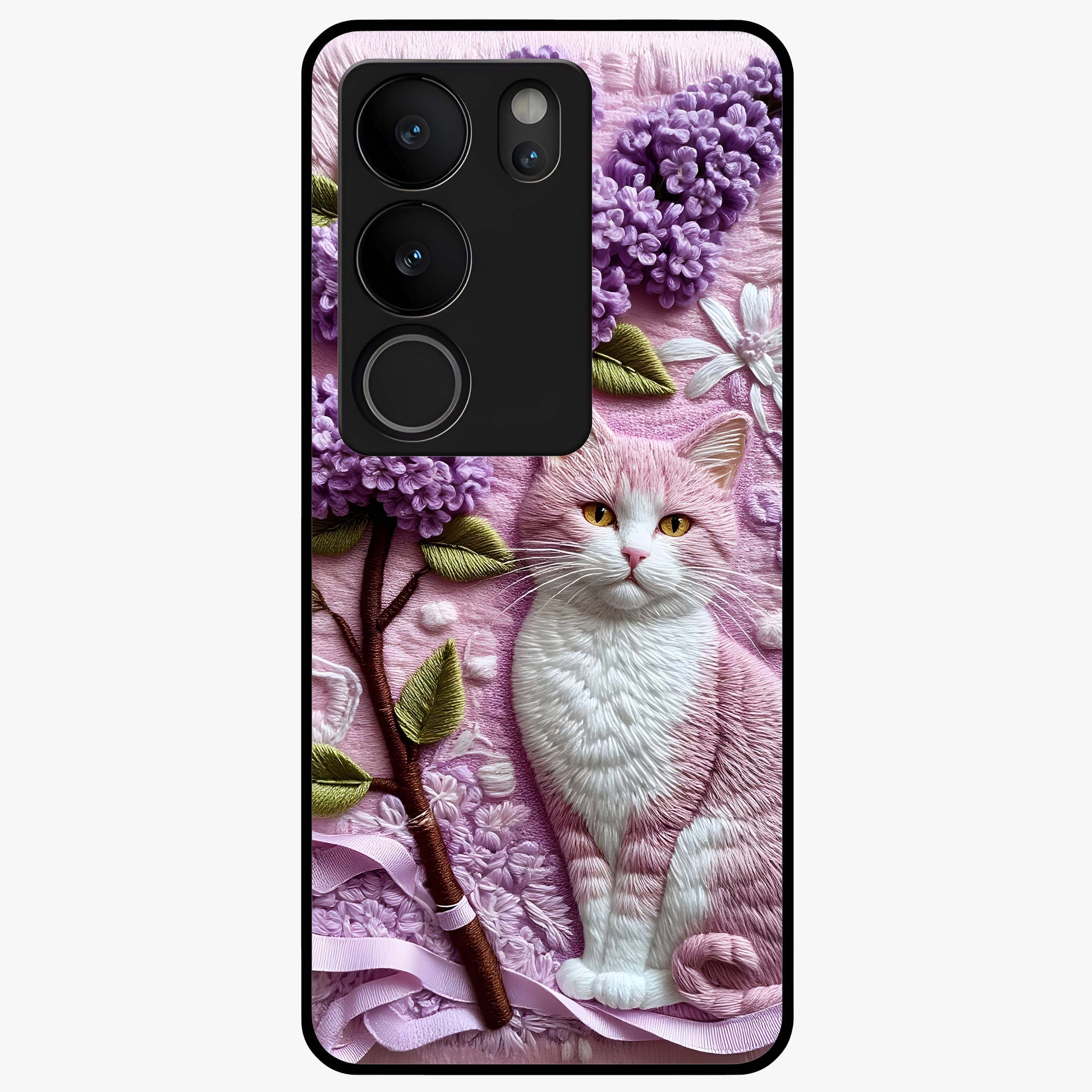 Lavender Cat Whimsy Glass Case showing flat back view with cute lavender cat artwork and glossy glass finish.