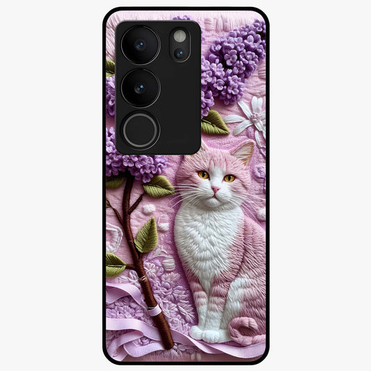 Lavender Cat Whimsy Glass Case showing flat back view with cute lavender cat artwork and glossy glass finish.