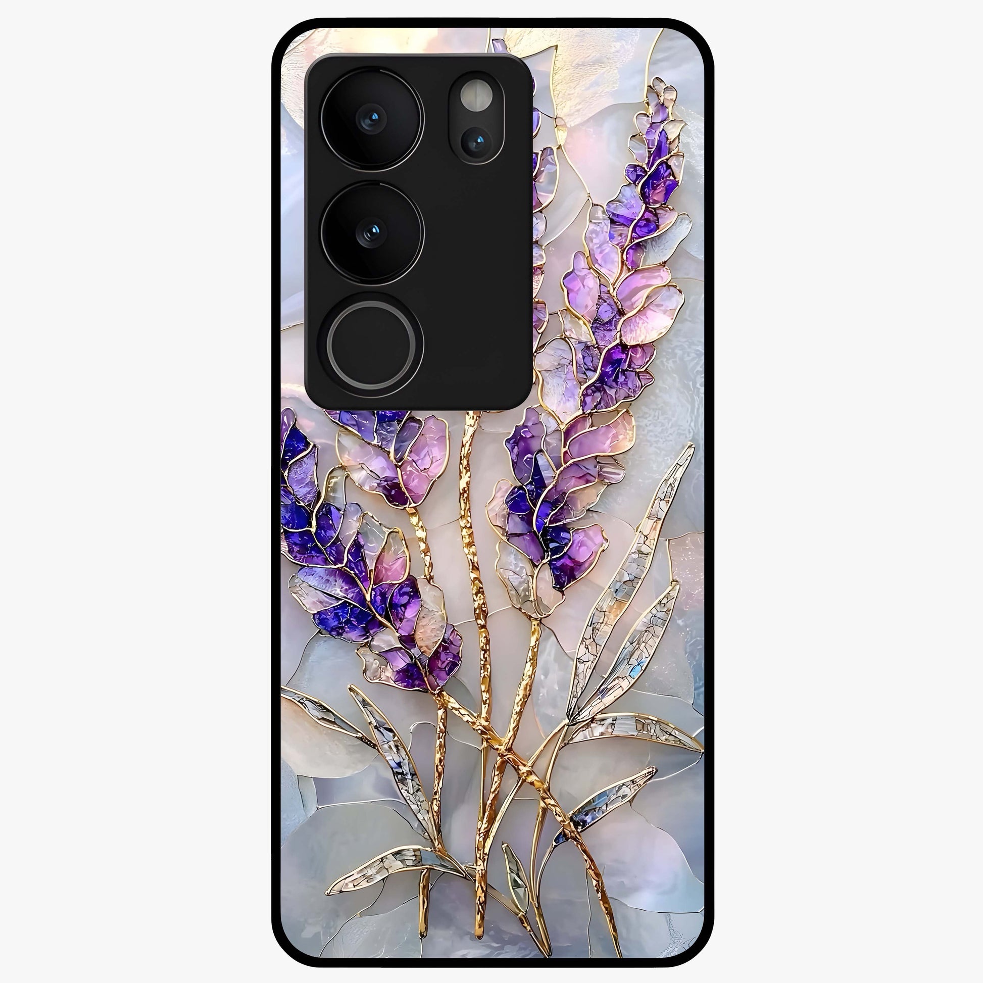 Lavender Dream Glow Glass Case showing flat back view with glowing lavender aesthetic artwork and glossy glass finish.