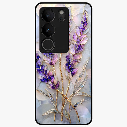 Lavender Dream Glow Glass Case showing flat back view with glowing lavender aesthetic artwork and glossy glass finish.