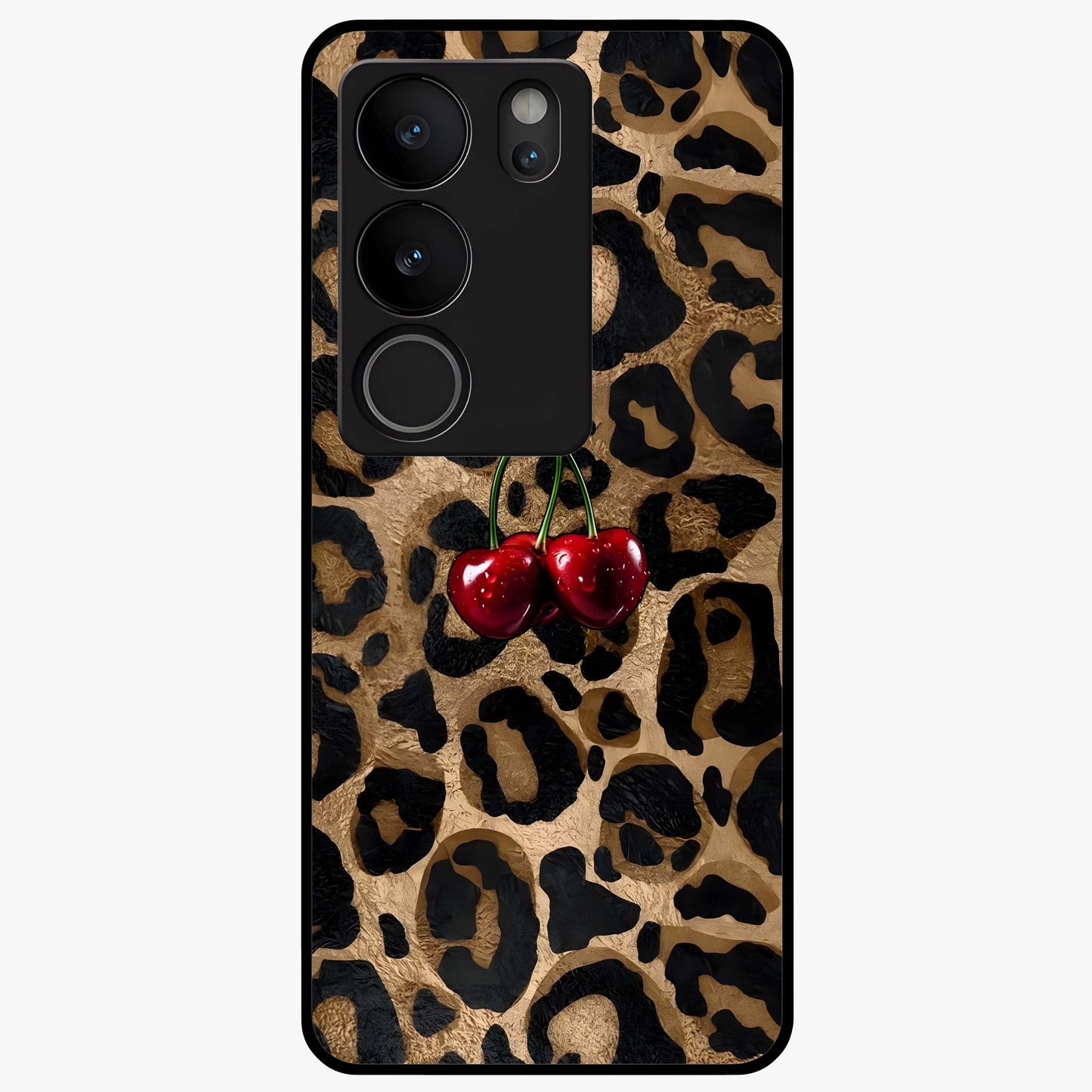Leopard Wild Cherry Glass Case showing flat back view with leopard pattern and cherry artwork and glossy glass finish.