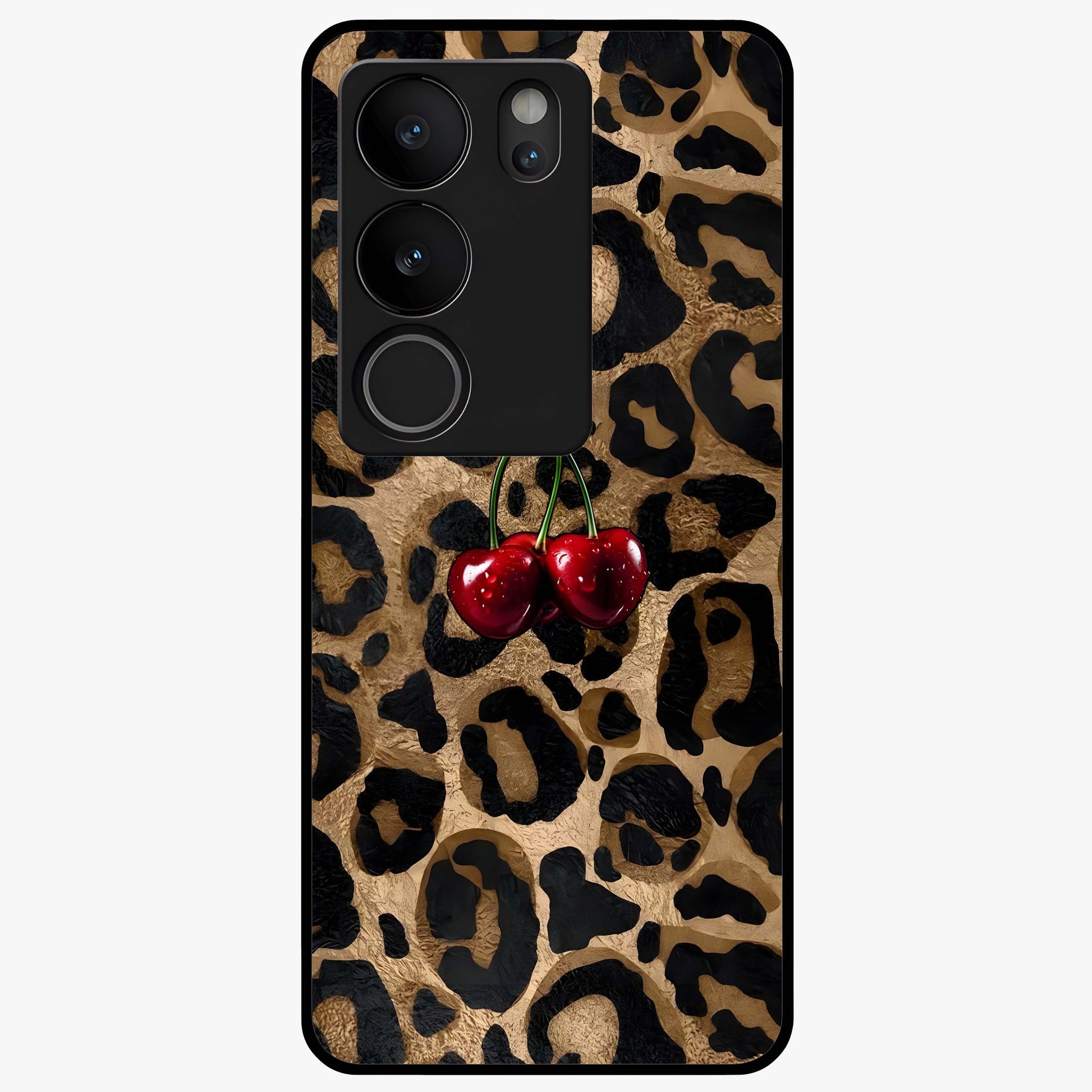 Leopard Wild Cherry Glass Case showing flat back view with leopard pattern and cherry artwork and glossy glass finish.