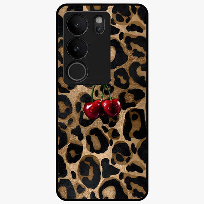 Leopard Wild Cherry Glass Case showing flat back view with leopard pattern and cherry artwork and glossy glass finish.