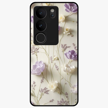 Lilac Breeze Harmony Glass Case showing flat back view with soft lilac themed artwork and glossy glass finish.