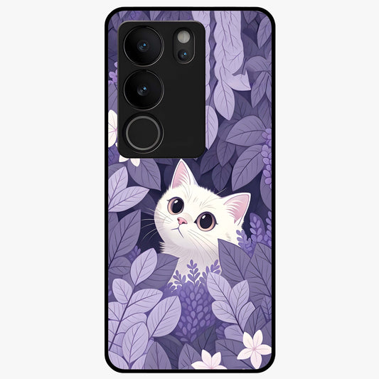 Lilac Hide Peek Cat Glass Case showing flat back view with cute peeking cat artwork and glossy glass finish.