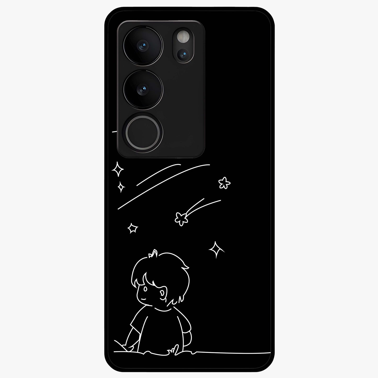 Line Art Boy With Shooting Stars Glass Case showing flat back view with minimal line art boy and shooting stars illustration and glossy glass finish.