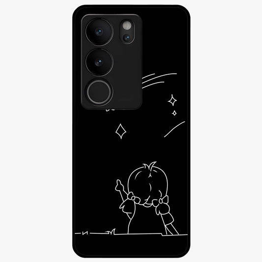 Line Art Girl With Shooting Stars Glass Case showing flat back view with minimal line art girl and shooting stars illustration and glossy glass finish.