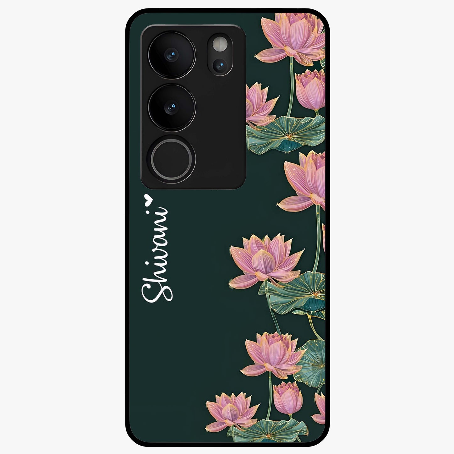 Lotus Bloom Serenity Custom Name Glass Case showing flat back view with elegant lotus flower artwork and personalized name design.