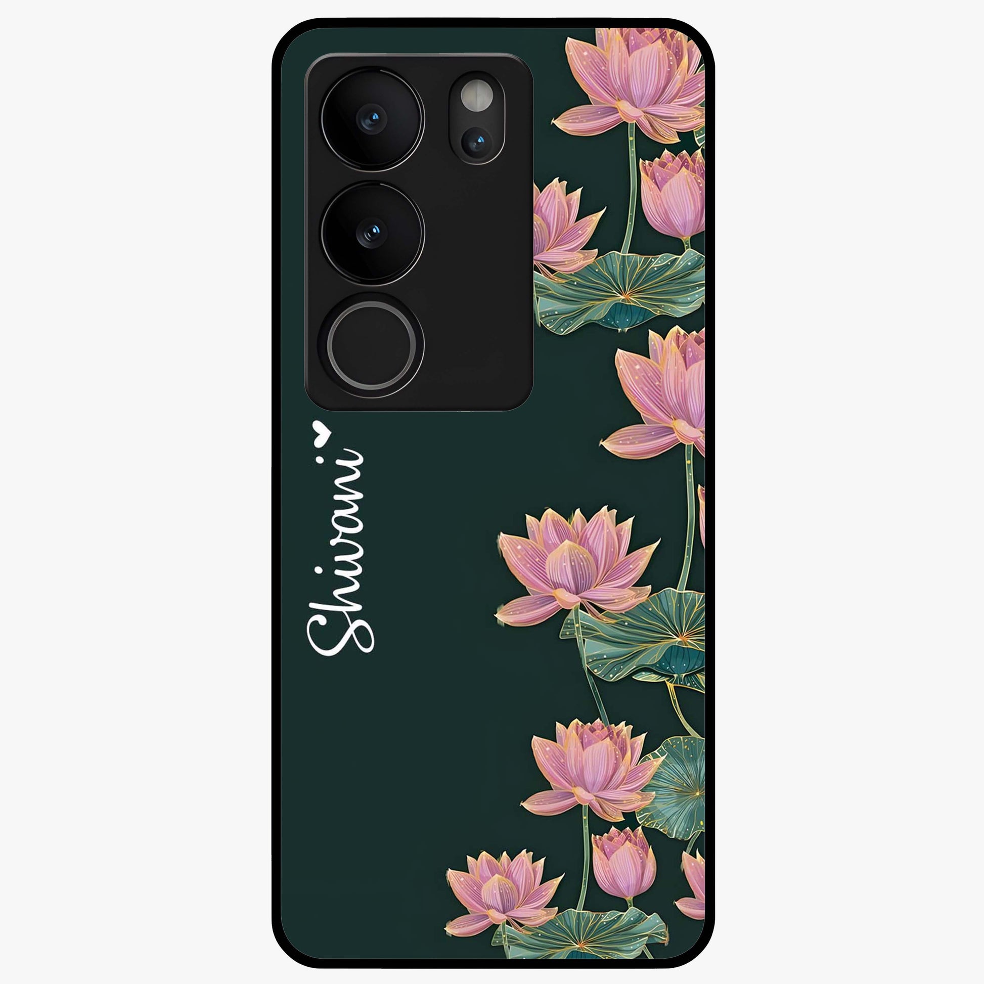 Lotus Bloom Serenity Custom Name Glass Case showing flat back view with elegant lotus flower artwork and personalized name design.