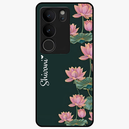 Lotus Bloom Serenity Custom Name Glass Case showing flat back view with elegant lotus flower artwork and personalized name design.