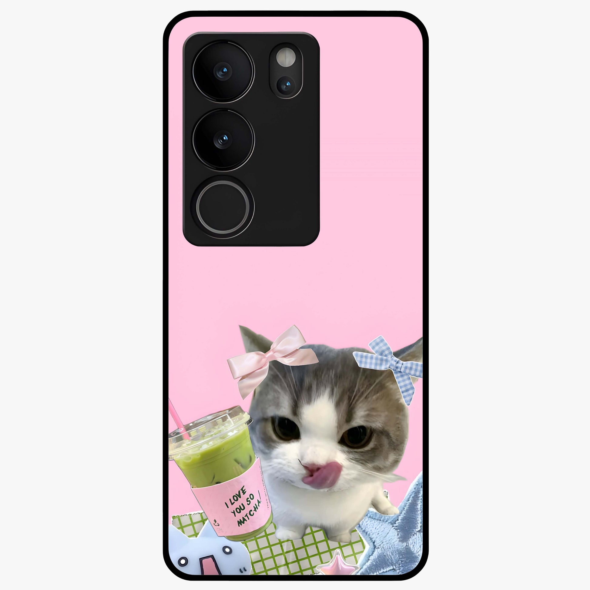Love Matcha Cat Glass Case showing flat back view with cute cat and matcha themed artwork and glossy glass finish.