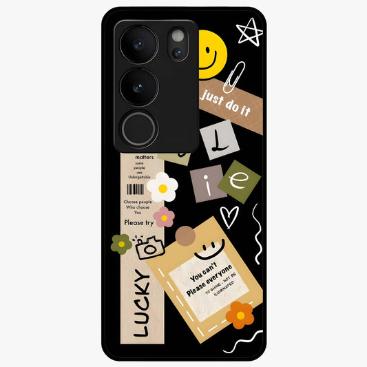Lucky Aesthetic Collage Glass Case showing flat back view with trendy aesthetic collage artwork and glossy glass finish.