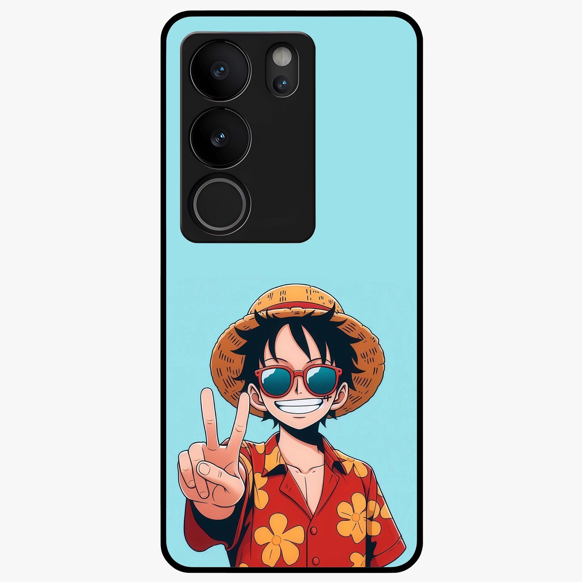 Luffy Summer Anime Vibe Glass Case showing flat back view with vibrant anime character artwork and glossy glass finish.