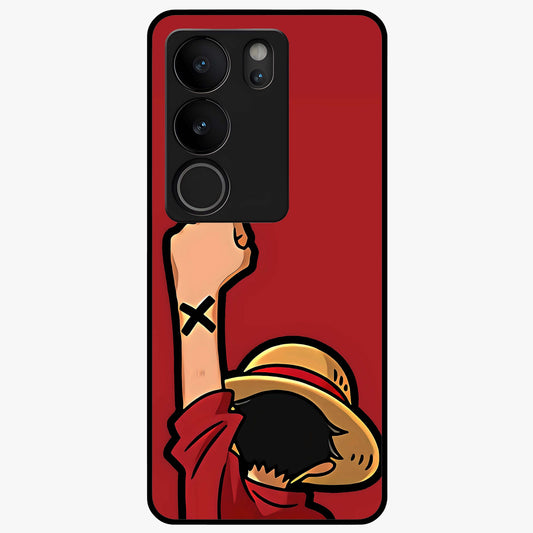 Luffy X Spirit Glass Case showing flat back view with bold anime character artwork and glossy glass finish.
