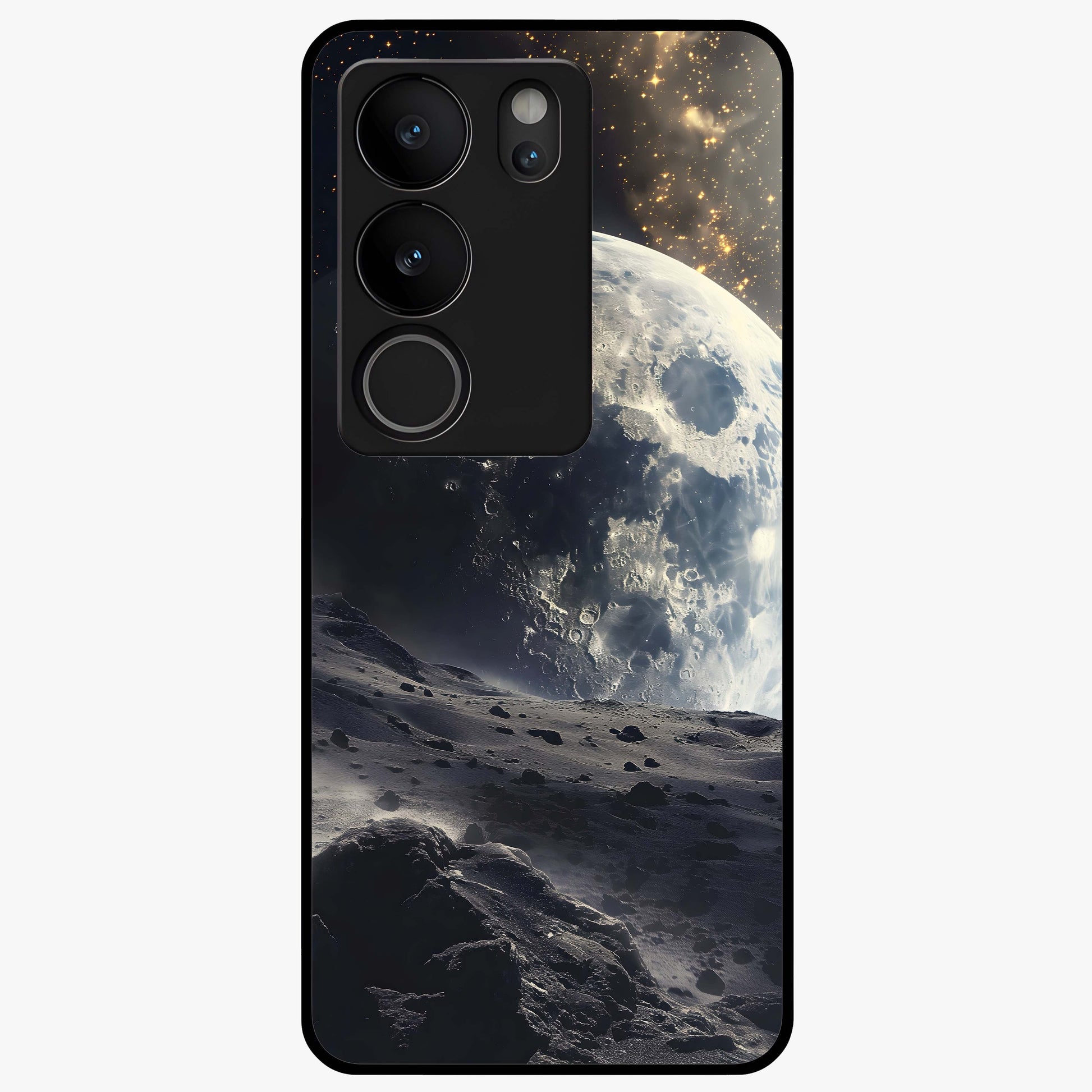 Lunar Horizon Glow Glass Case showing flat back view with glowing moon horizon artwork and glossy glass finish.