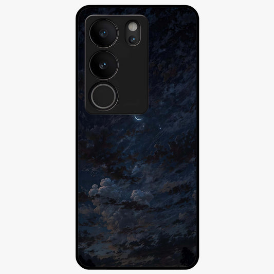Lunar Veil Silence Glass Case showing flat back view with mystical moon veil artwork and glossy glass finish.