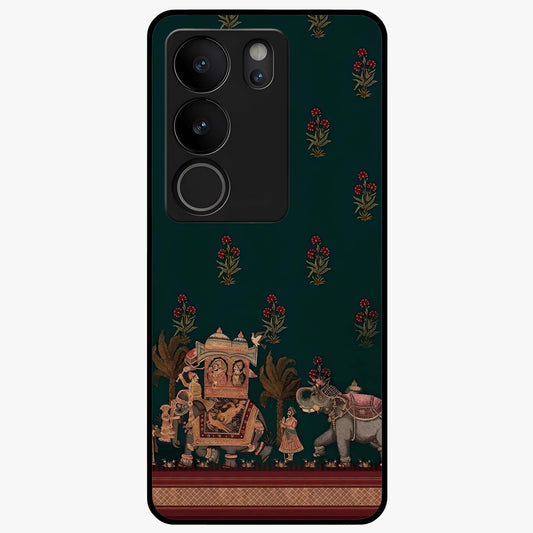 Macmerise Glass Case showing flat back view with stylish modern artwork and glossy glass finish.