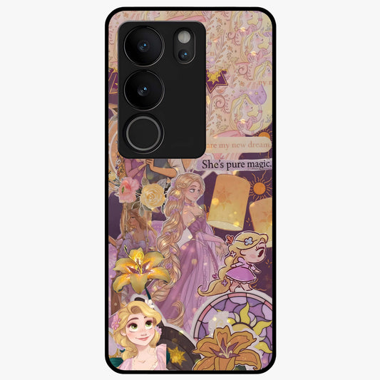 Magical Tangled Dream Glass Case showing flat back view with dreamy tangled artwork and glossy glass finish.
