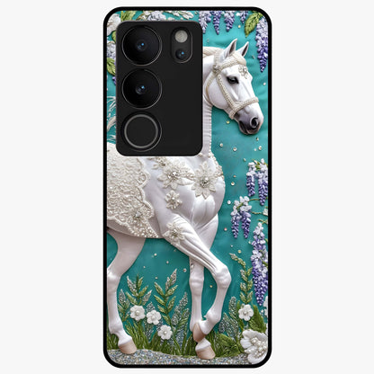 Majestic Floral Stallion Glass Case showing flat back view with powerful horse and floral artwork and glossy glass finish.