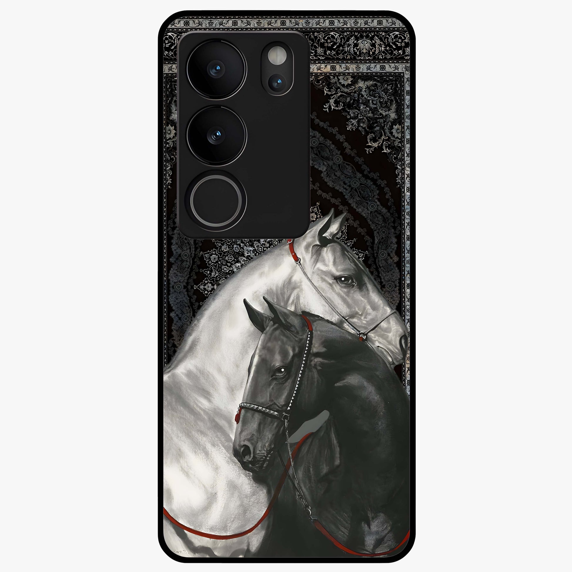 Majestic Ride Legacy Glass Case showing flat back view with powerful automotive inspired artwork and glossy glass finish.