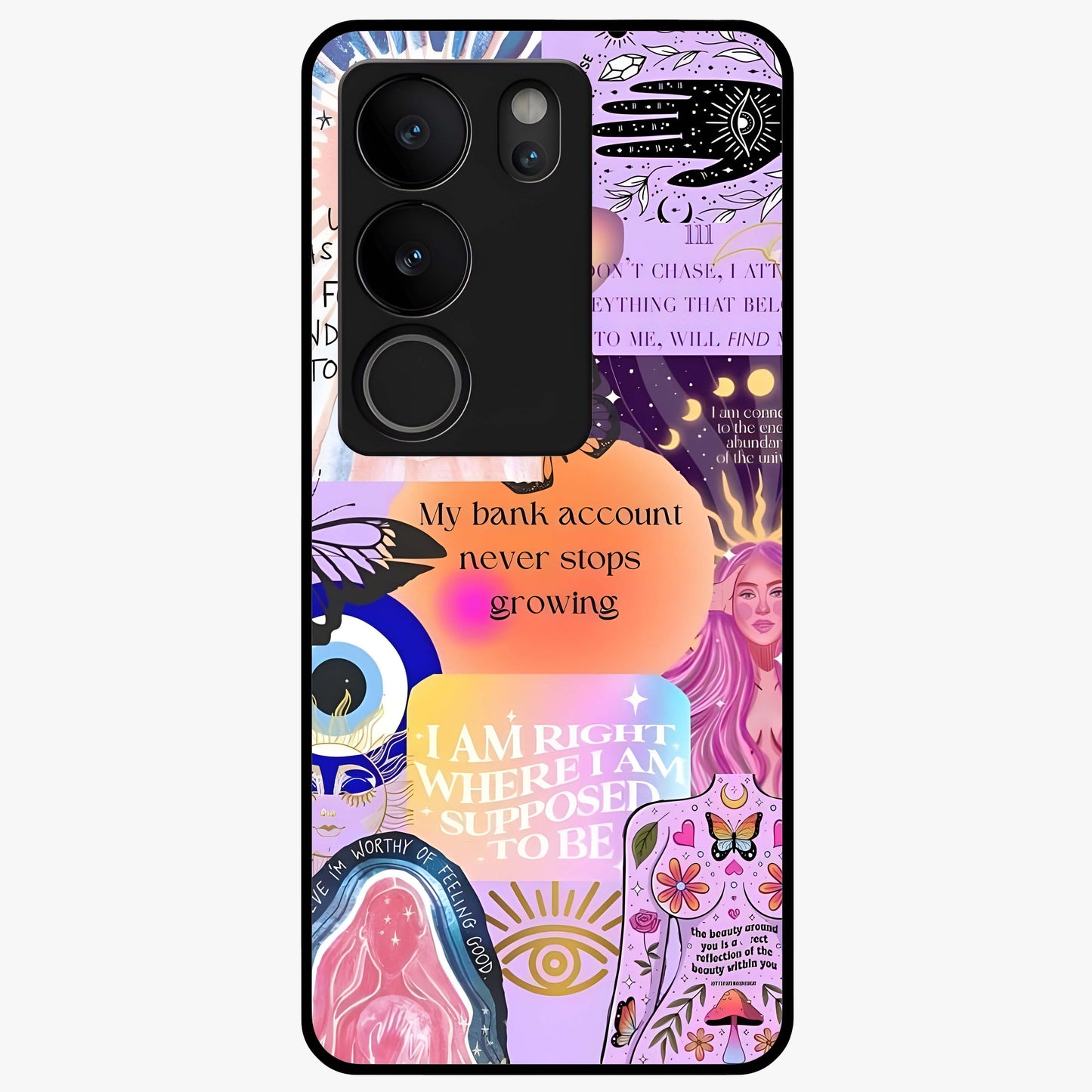 Manifestation Collage Glass Case showing flat back view with motivational collage artwork and glossy glass finish.