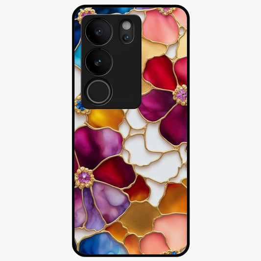 Marble Flower Pattern Glass Case showing flat back view with marble texture floral artwork and glossy glass finish.