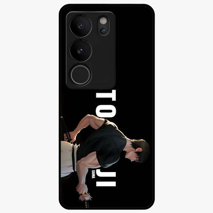 Midnight Blade Resolve Glass Case showing flat back view with dark warrior sword artwork and glossy glass finish.