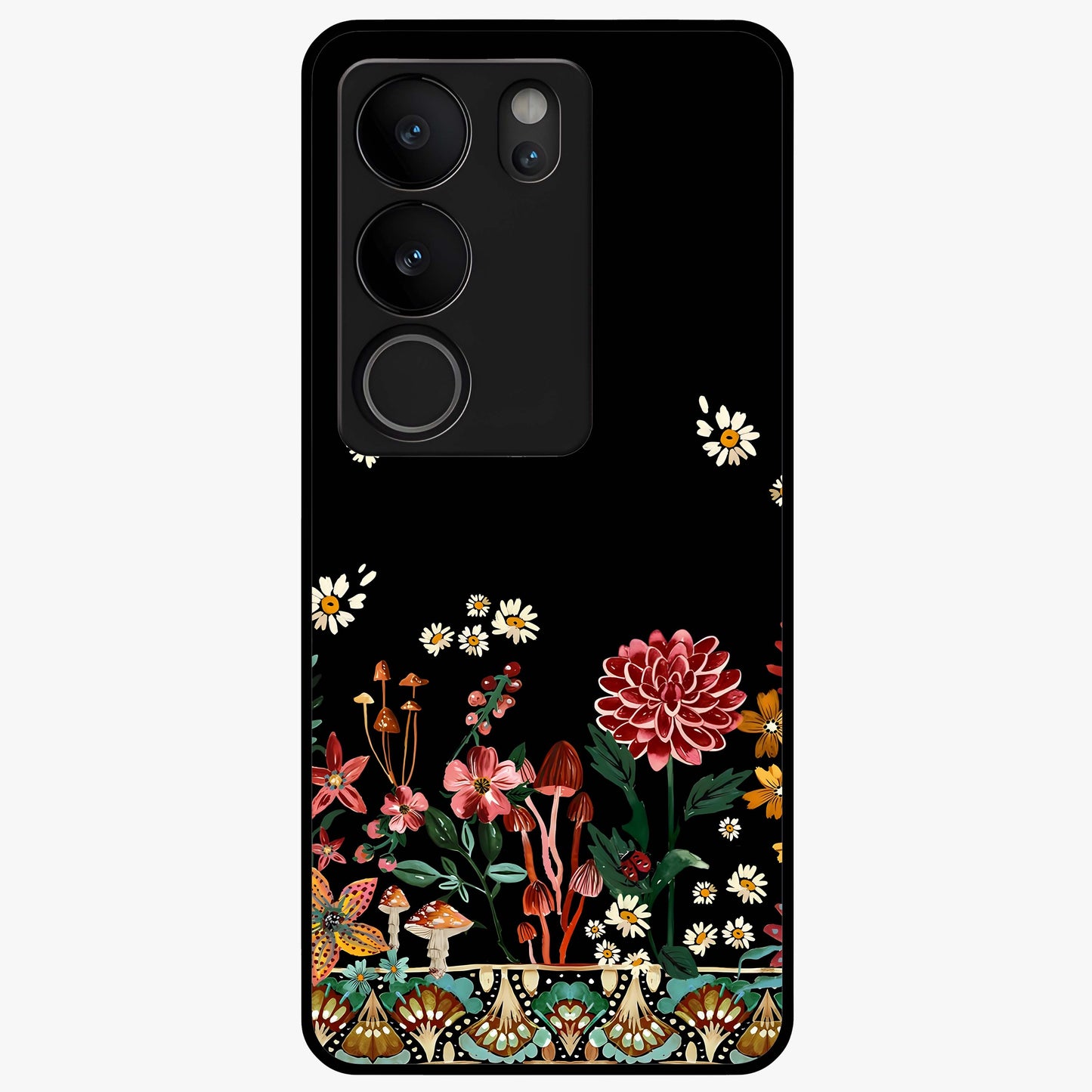 Midnight Bloom Pattern Glass Case showing flat back view with dark floral pattern artwork and glossy glass finish.