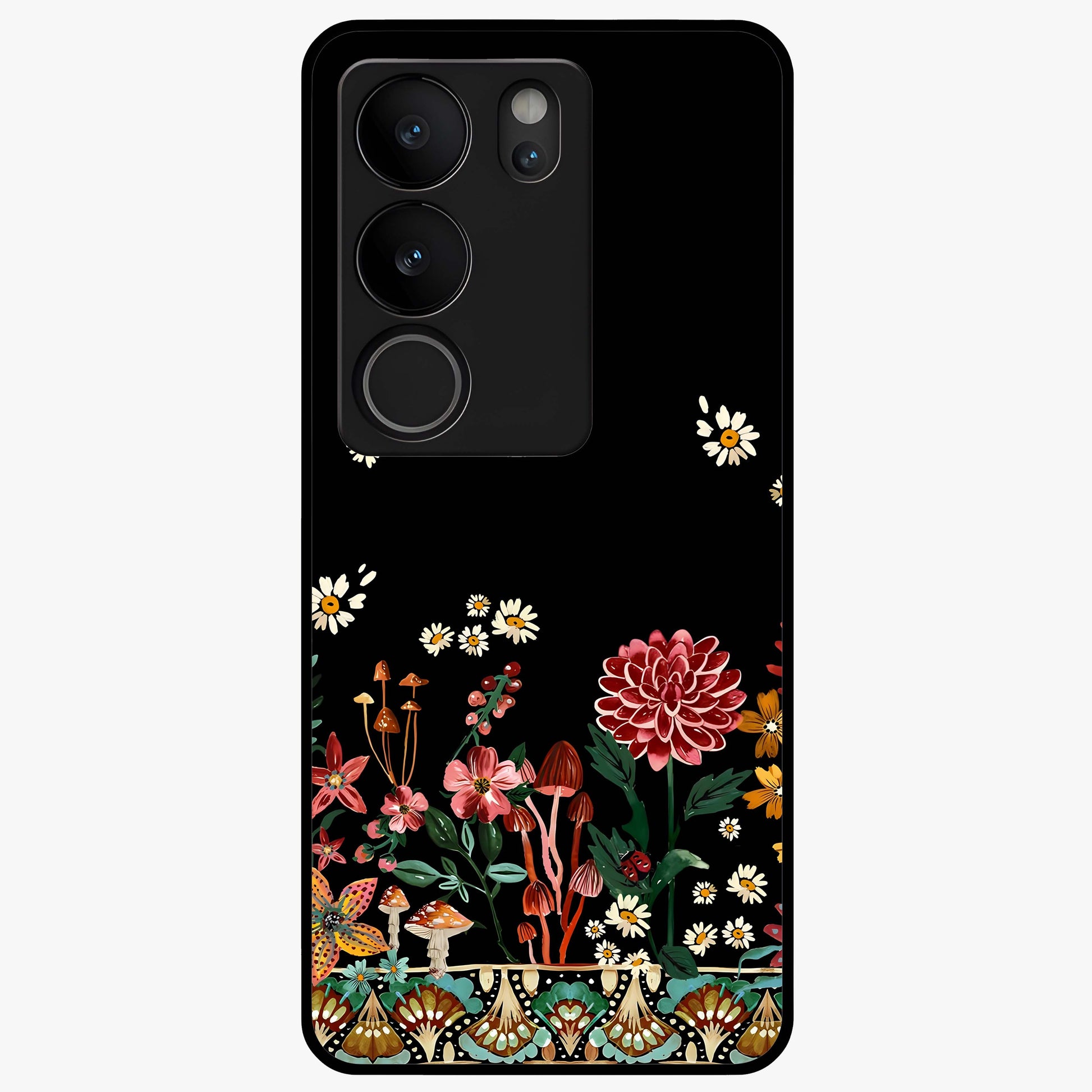 Midnight Bloom Pattern Glass Case showing flat back view with dark floral pattern artwork and glossy glass finish.