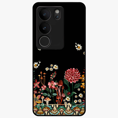 Midnight Bloom Pattern Glass Case showing flat back view with dark floral pattern artwork and glossy glass finish.