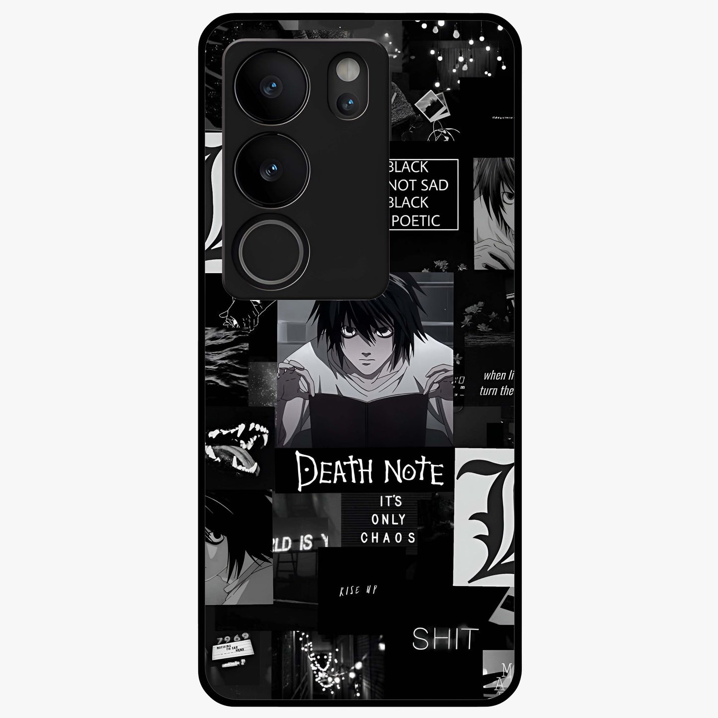 Midnight Chaos Mind Glass Case showing flat back view with abstract dark themed artwork and glossy glass finish.